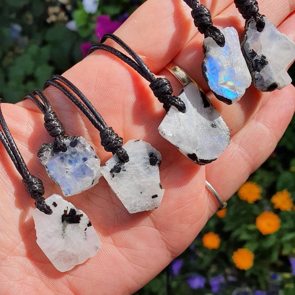 Raw Moonstone Pendant, Mens Crystal Necklace, Adjustable Cord, Crystal Necklace, Rainbow Moonstone Necklace, Unique Gift For Him, Christmas