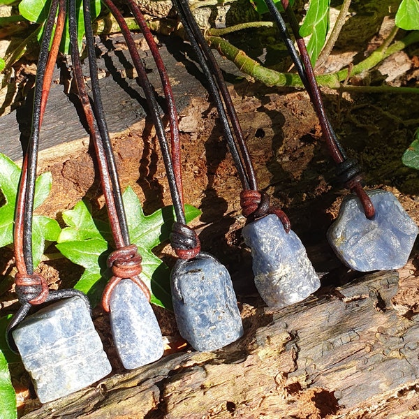 Sapphire Necklace, September Birthday Gift, Raw Sapphire Leather Cord, Mens Birthstone Necklace, Unisex Jewellery, Sapphire Pendant, For Him