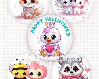 2.25” Valentine’s Day INSTANT DOWNLOAD Button Pin Images 8.5 x 11  Digital Collage Sheet Cupcake topper Cute Animals 12 Individual PNG Files