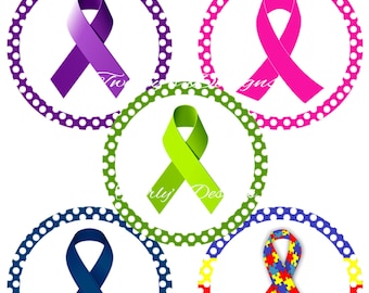 INSTANT DOWNLOAD 1" Awareness Ribbons Bottle Cap Images - 4 X 6 Digital Collage Sheet Cupcake topper Craft Supplies Key chain Pendant # 1