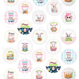 May include: A set of 20 round cupcake toppers featuring cute cartoon bunnies with Easter-themed designs. The toppers include various colors, patterns, and phrases like "Happy Easter" and "Somebunny Loves You".