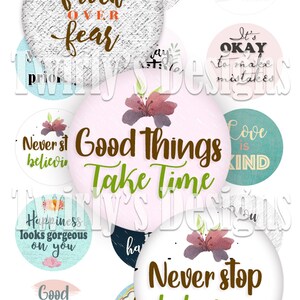 TÉLÉCHARGEMENT IMMÉDIAT 1" Images de bouchon de bouteille Life Quotes Feuille de collage numérique 4 X 6 Décoration pour cupcakes Fournitures créatives La foi au-dessus de la peur L'amour est gentil
