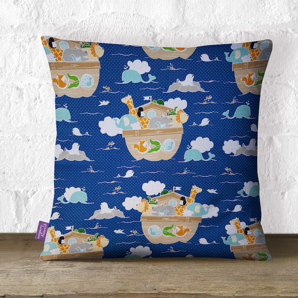 Handmade 16"x16" Cotton Cushion Pillow Cover in Blue/White Pin Dot with Noah Ark Animals Giraffe/Elephant/Lion/Rabbit Colourful Design Print