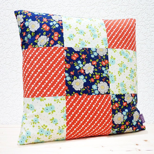 Handmade 18"x18" Cotton Cushion Pillow Cover Patchwork Red/Navy/Aqua Floral Happy Go Lucky by Bonnie & Camille Design Print