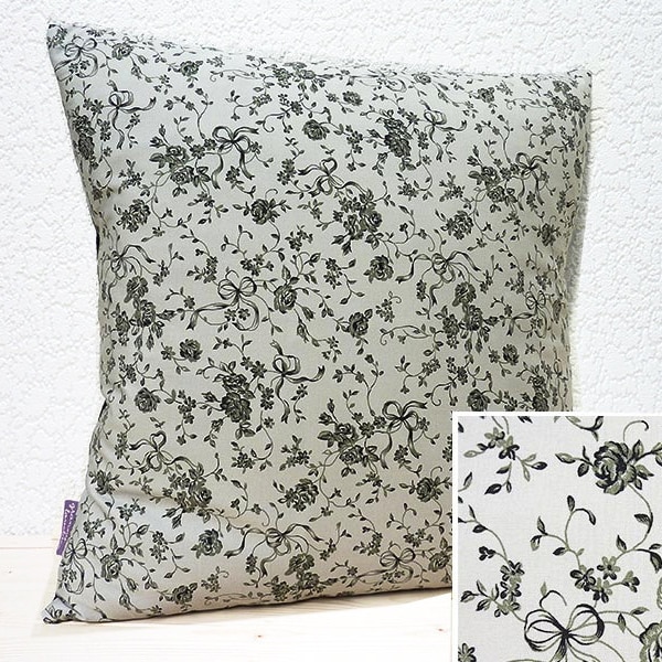 Handmade 16"x16" Jane Austen Style Ink Black/Grey Pewter Bouquets & Bows Cotton Cushion Pillow Cover