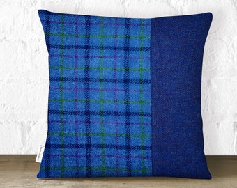 Harris Tweed Wool Blue, Green/Purple/Periwinkle Tartan & Herringbone Mineral Grey Stripe Design 16"x16" Cushion Pillow Cover