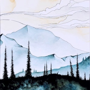 Blue Mountain, arte di montagna, pittura di montagna, arte all&#39;aria aperta, acquerello