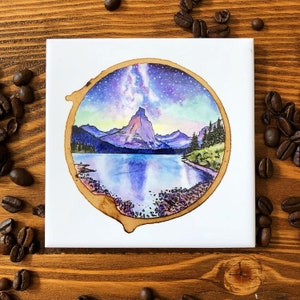 Tile Coaster, Mountain Art, Night Sky painting, Galaxy Painting, Coaster, Gift for him, Hiker gift, home decor, Hiking art, Coaster set