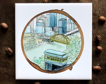 Duquesne Incline, Pittsburgh Coasters, Pittsburgh Art, Pittsburgh, tile coaster, home decor, Pittsburgh Painting, Coaster Set