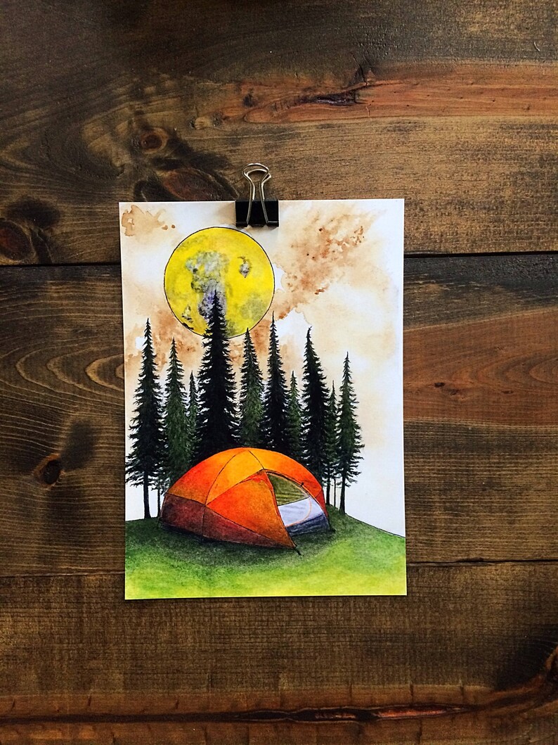 May include: A watercolor painting of a campsite with a tent, trees, and a large yellow moon in the sky.