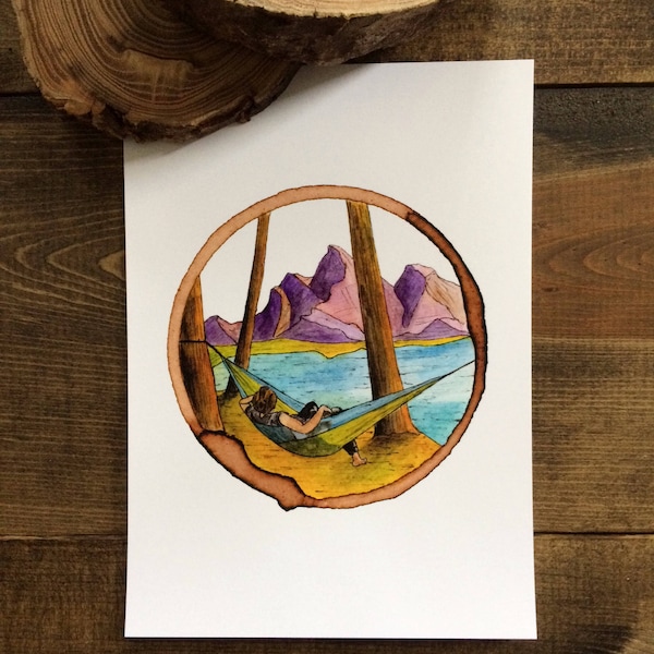 Hanging out, Coffee Ring art, Watercolor Print, Art Print, Mountains Art, Hammock, Wall Art, Backpacking, Outdoor Art