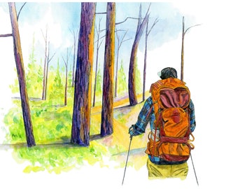 Into the Woods- Hiking Art, Watercolor Print, Watercolor Painting, Art, Wall Art, Art Print, Hiking Art, Hiking Painting, Gift for him