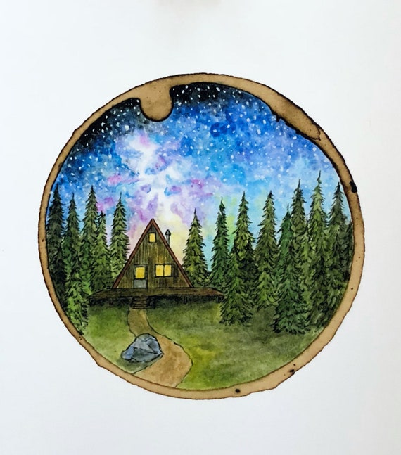 Among The Pines Watercolor Painting In A Coffee Ring Cabin Etsy