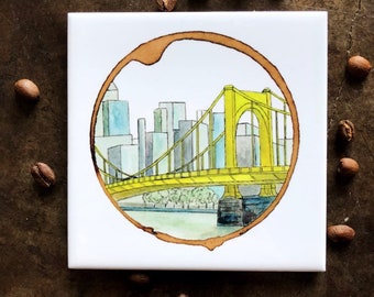 Pittsburgh Coaster, Clemente Bridge, Pittsburgh Art, Coaster Set, Tile Coaster, Yellow Bridge, Housewarming Gift