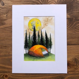 May include: A watercolor painting of a campsite with a tent, trees, and a large yellow moon in the sky.
