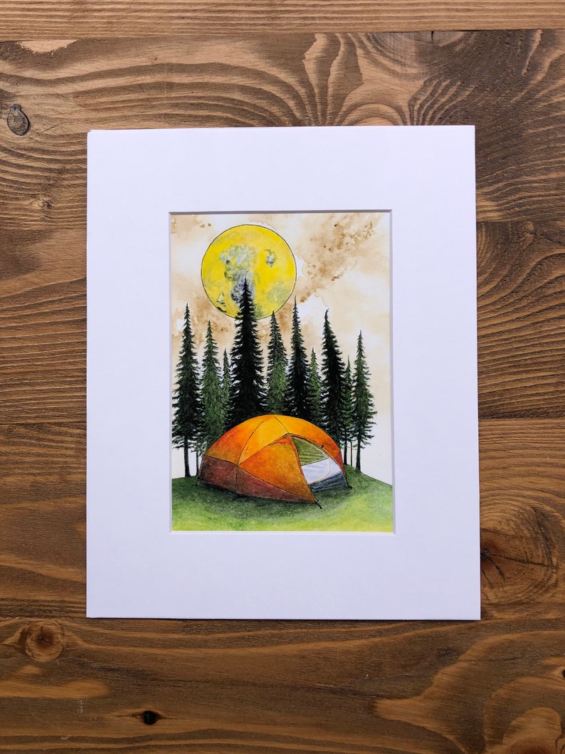 May include: A watercolor painting of a campsite with a tent, trees, and a large yellow moon in the sky.