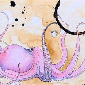 Octopus art print, pink octopus, Octopus wall art, octopus drinking coffee, coffee art, octopus painting, octopus gifts