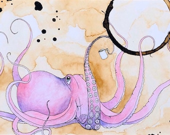 Octopus art print, pink octopus, Octopus wall art, octopus drinking coffee, coffee art, octopus painting, octopus gifts