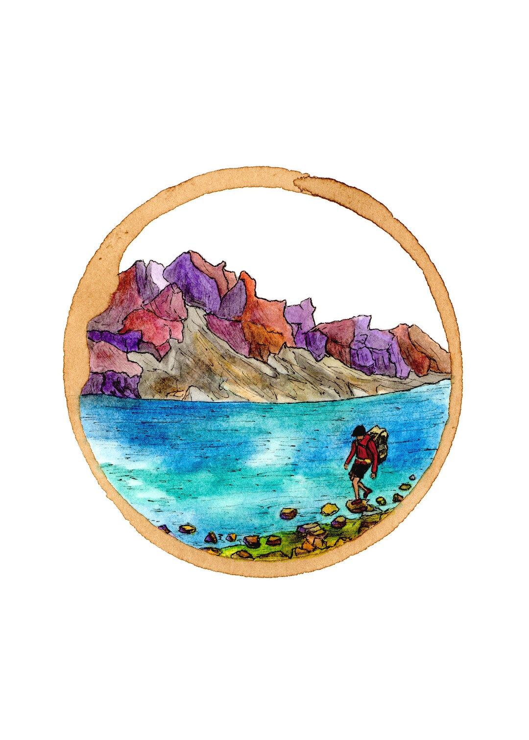 Wanderer Hiking Art, Watercolor Painting, Coffee Ring Art, Mountain Art