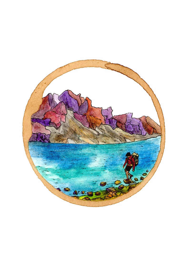 May include: Watercolor painting of a person walking on rocks towards a lake with mountains in the background. The painting is framed in a brown circle.