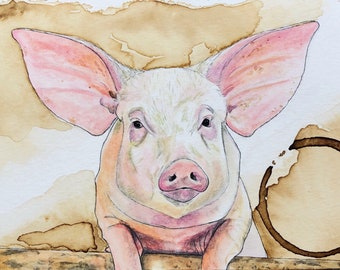 Pig, Pig Print, Pig Painting, Animal art, Farm animals, Coffee art, Watercolor painting
