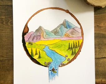 Full Stream Ahead- Kayak Art, Kayaking, Kayak print, Coffee Ring Art, Wall Art, Kayak Painting, Watercolor Print, Gift for him