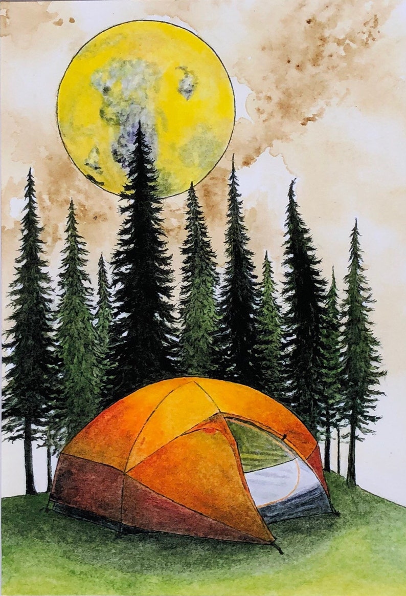 May include: A watercolor painting of a campsite with a tent in the foreground and a large yellow moon in the background. The tent is orange and brown with a white interior. There are several dark green pine trees surrounding the tent.
