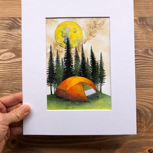 May include: A watercolor painting of a camping scene with a tent in the foreground, surrounded by a forest of pine trees. A large, yellow moon hangs in the sky above the trees.