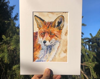 Fox gift, fox art print, fox art, fox watercolor painting, coffee art, art print, wall art