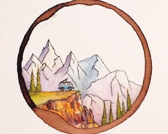 Escape the Ordinary, Coffee ring art, Watercolor Print, Art Print, Mountain art, VW Van, Volkswagen, Camper Van, Camper Van Art, Wall Art