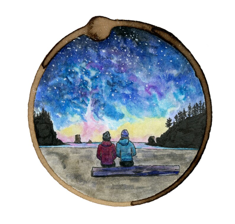 May include: A watercolor painting of two people sitting on a log, looking out at a starry night sky over a beach. The sky is a vibrant blue with purple and pink clouds, and the beach is a sandy brown.