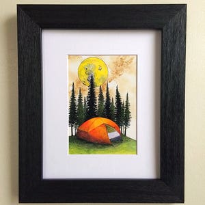 May include: A watercolor painting of a campsite under a large, yellow moon. The scene features a tent, trees, and a grassy area.