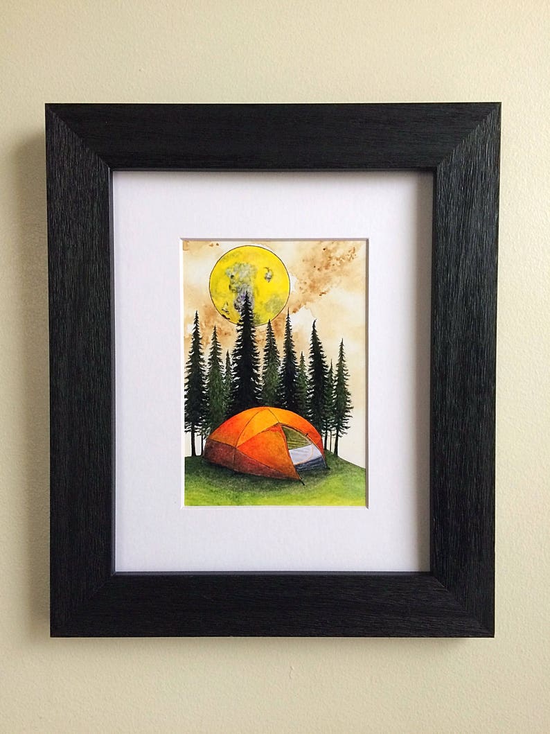May include: A watercolor painting of a campsite under a large, yellow moon. The scene features a tent, trees, and a grassy area.