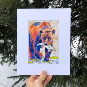 Bear Print, bear painting, bear art, bear fishing, watercolor painting, coffer art