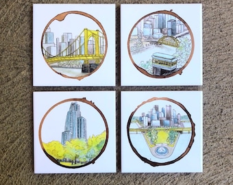 Pittsburgh coaster set, Pittsburgh art, Pittsburgh decor, tile coasters, Pittsburgh gift