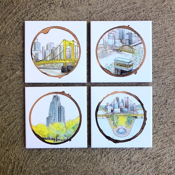 Pittsburgh coaster set, Pittsburgh art, Pittsburgh decor, tile coasters, Pittsburgh gift