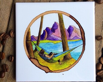 Tile coaster, Mountain Art, house warming gift, hammock coaster, gift for her, home decor, coaster set, outdoor coaster, mountains