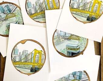 Gravuras de Pittsburgh, Arte de Pittsburgh, Ponte Clemente, Inclinação de Duquesne, Pintura de Pittsburgh, pinturas em aquarela, impressão em aquarela