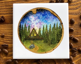 Tile Coaster-Among the Pines, Cabin in the woods, Tile Coaster, Drinkware, Home Decor, Gift for her, Outdoor art, Night sky art