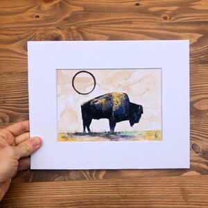 Bison art print, bison wall art, bison painting, bison artwork, bison watercolor painting, bison gift, matted print