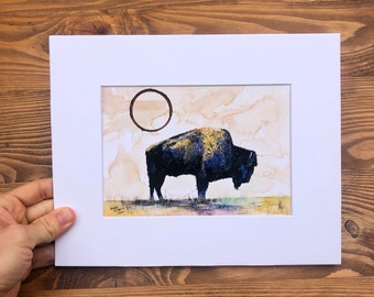 Bison art print, bison wall art, bison painting, bison artwork, bison watercolor painting, bison gift, matted print