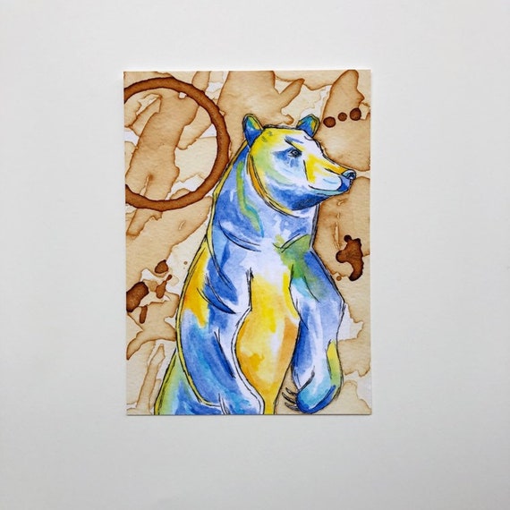 Bear Painting Blue Bear Coffee Art Watercolor Painting Etsy
