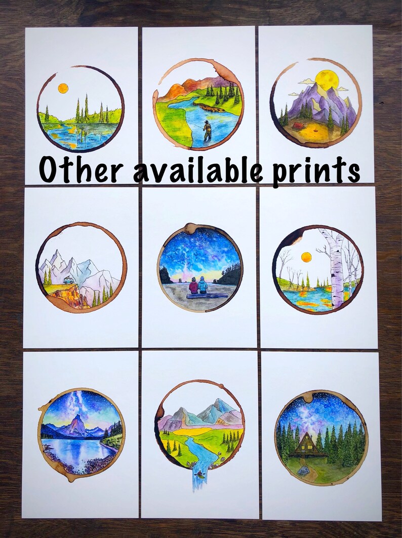 May include: Nine watercolor paintings of different landscapes, each framed in a brown coffee ring. The paintings depict scenes of mountains, forests, rivers, and starry skies. The text "Other available prints" is written in black at the top of the image.