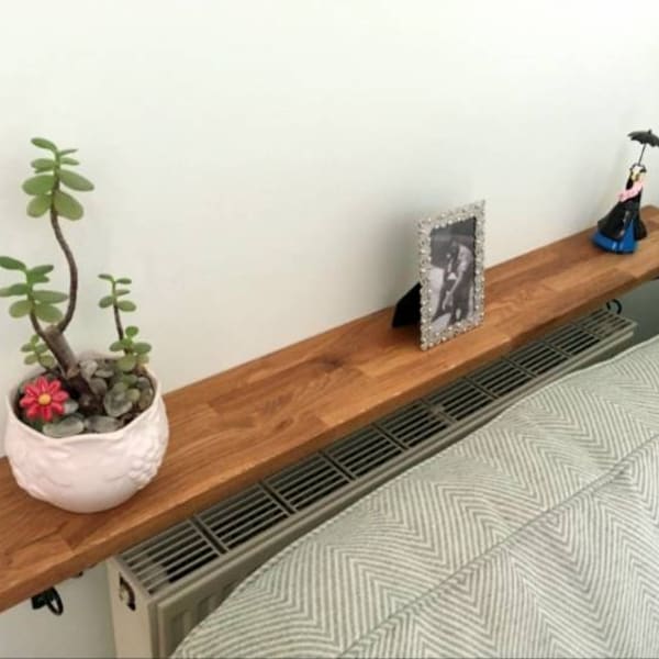 16cm Solid Oak Wooden Radiator Shelf with Antique Metal Scroll Brackets