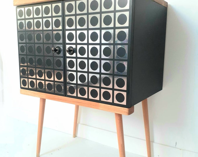 Small Atomic Retro Black Record Cabinet with Wooden Legs