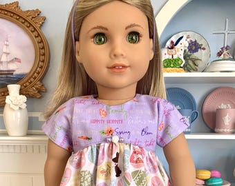 Modern “Simply Sweet” Easter Sayings Dress w/eggs & chocolate bunnies, Headband and Toy Egg Set for Isabele, Nicki, GOTY and Truly Me dolls