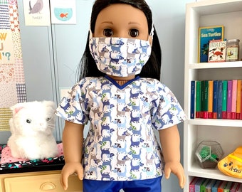 Cat Vet or Medical Scrubs "Out on a Cat Walk" for American Girl dolls; 4-pieces: top, pants, mask & American Girl doll toy syringe
