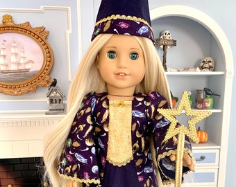 Celestial Wizard Costume for Harry Potter Wizarding or Halloween: includes Planet-filled Wizard's Robe & Hat, Star Wand; for all AG dolls