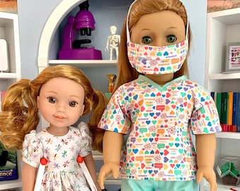Science-Themed Hospital Scrubs "Science is Real" w. new Stethoscope for American Girl Dolls- includes Science Top & Mask, Pants, Stethoscope