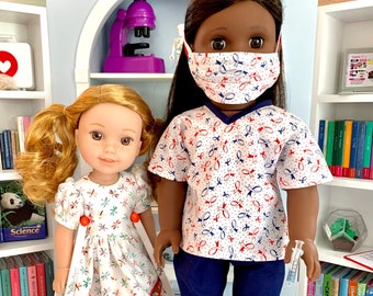 Patriotic Red, White & Blue Medical Scrubs "Operation Get Well" for American Girl Dolls with 4 pieces: top, pants, mask, AG toy syringe